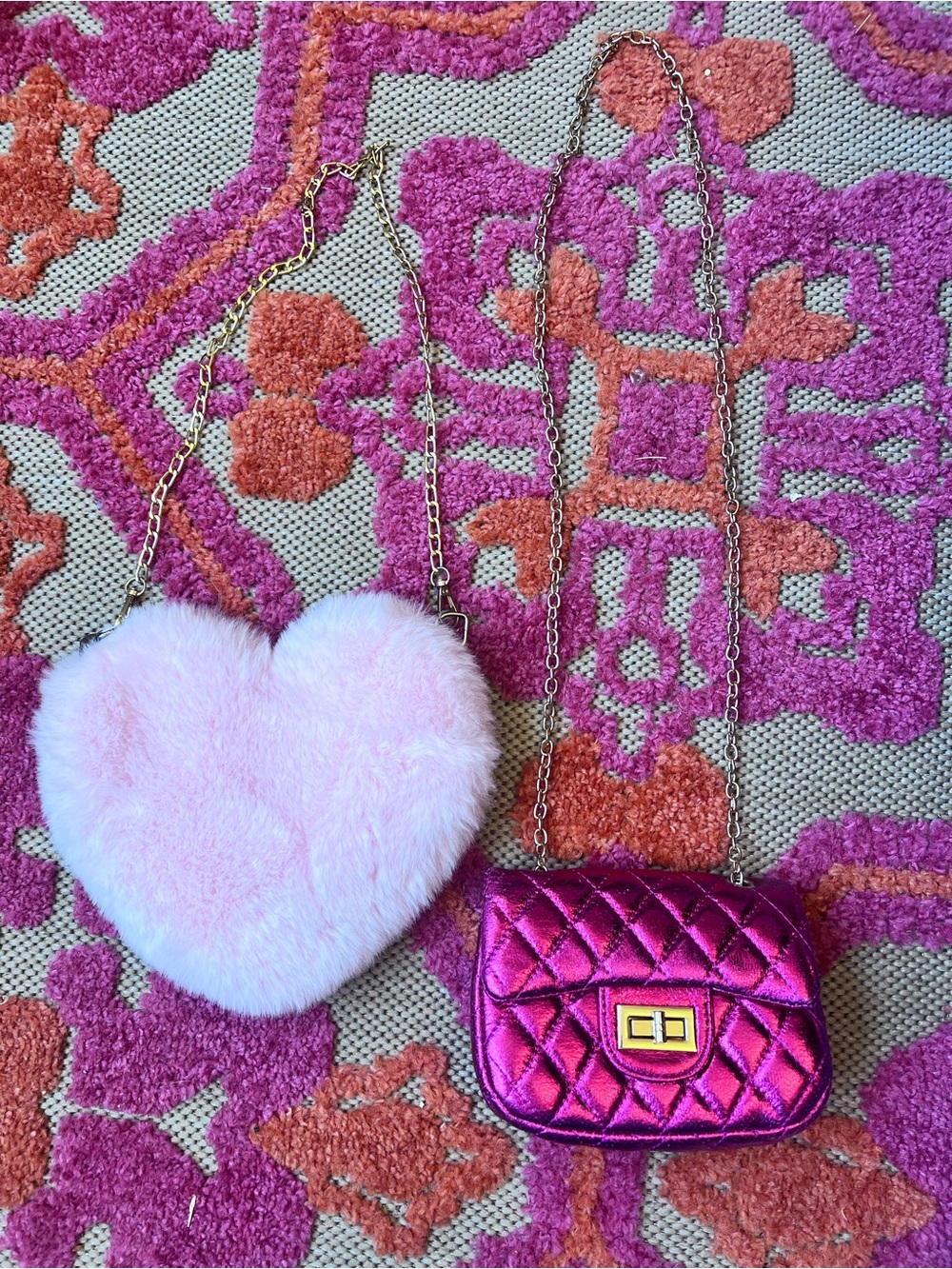 Pink Heart Fuzzy Crossbody Bag - metallic pink mini purse bundle of 2